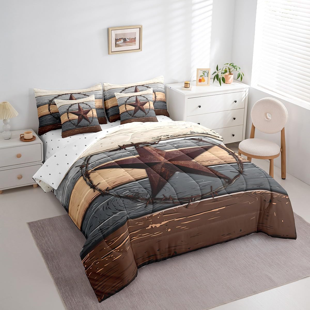 7pcs Western Texas Star Comforter Set Twin, Brown Grey Wooden Plank Bed Set for Kids Boys, Rustic Farmhouse Cowboy Bedding(1 Comforter,1 Fitted Sheet,1 Flat Sheet,2 Pillowcases,2 Throw Pillow Cover)