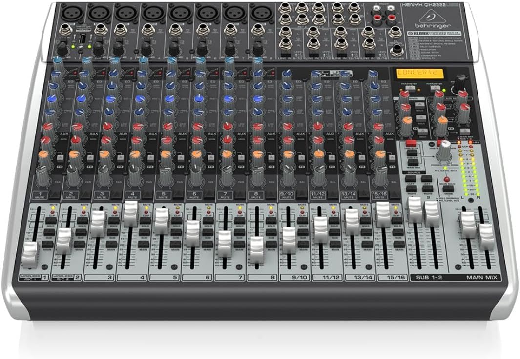 Behringer XENYX QX2222USB Premium 22-Input 2/2-Bus Mixer with XENYX Mic Preamps and Compressors, Klark Teknik Multi-FX Processor, Wireless Option and USB/Audio Interface