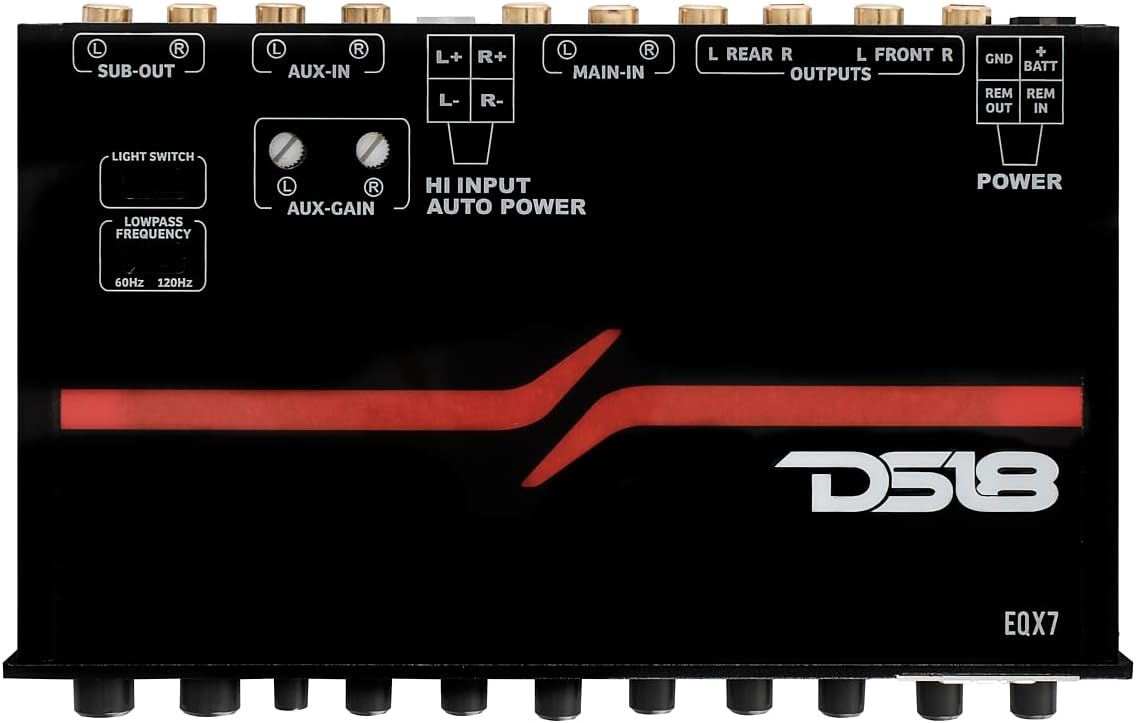 DS18 EQX7 Equalizer 7 Bands with auto Hi/Lo line Selector, Two Rear inputs (Main and Aux), 8 Volts Front, Rear and Sub Output