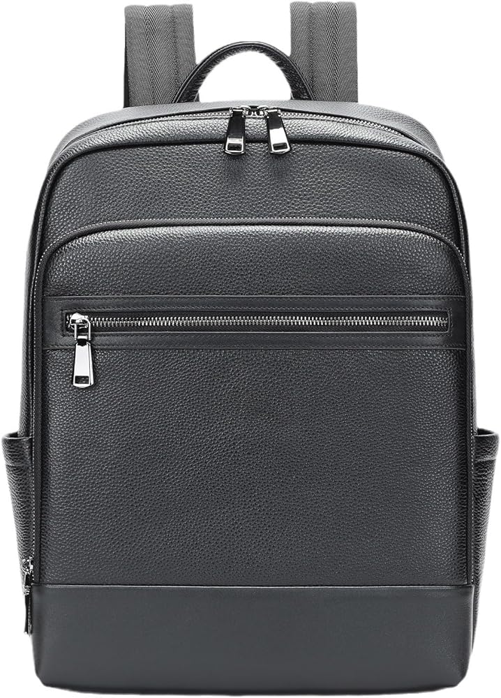 Genuine Leather Backpack for Men Travel Work Laptop Daypack Teacher Bookbag Casual Style Durable Carryall Gift Box (Black)