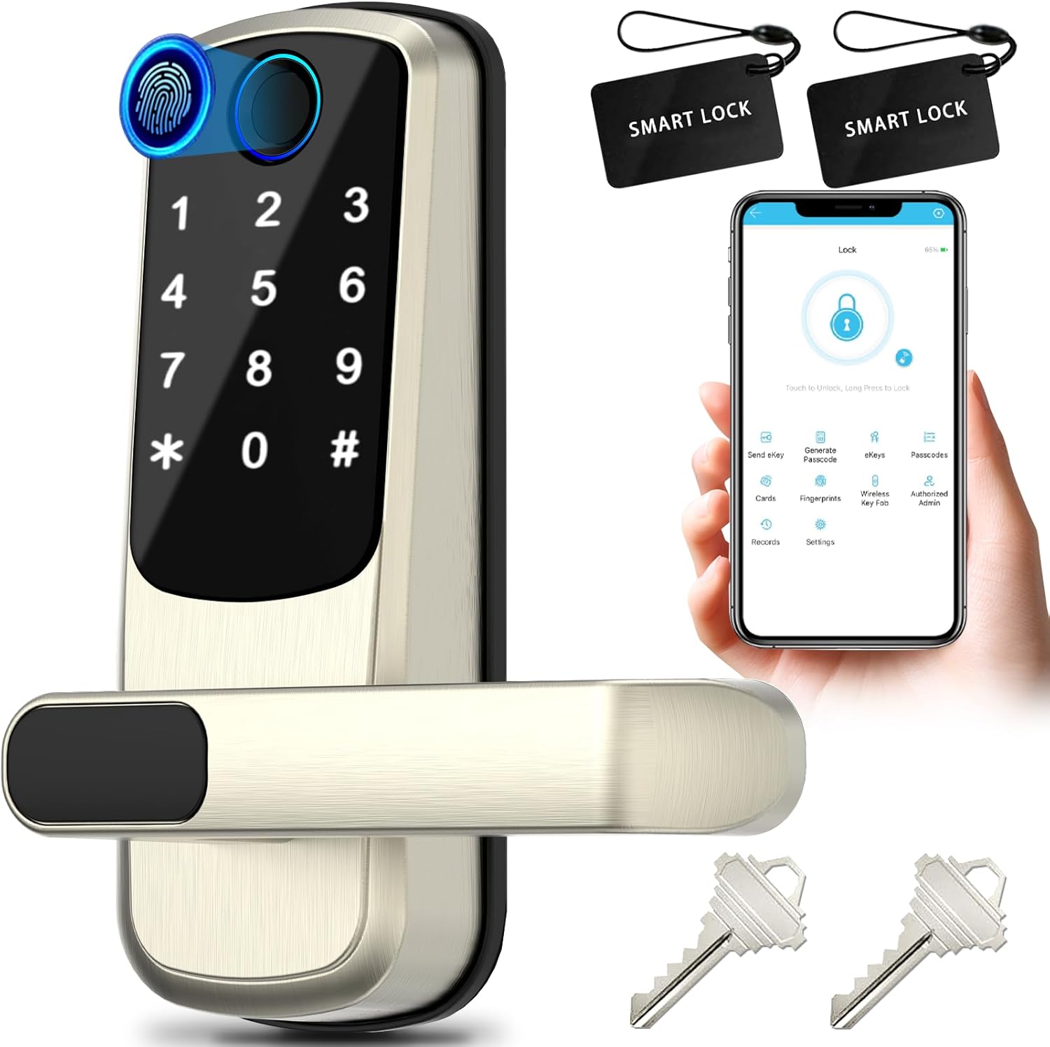Smart Door Lock with Handle,Fingerprint Exterior Locks,Smart Locks for Front Door/Bedroom/Office,Electronic Digital Keypad Smart Lock,Auto Locked & App Control(Silver)
