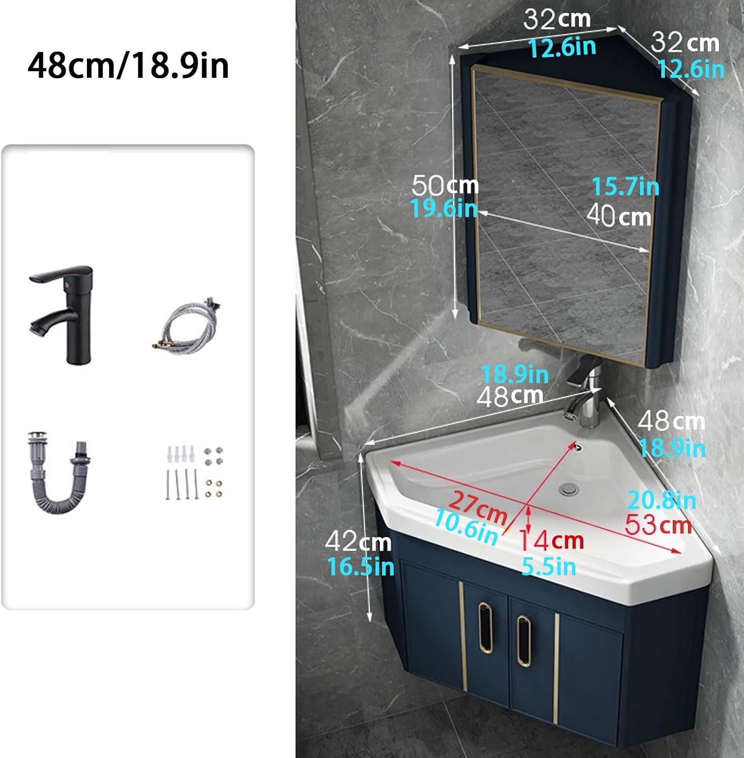 Corner Wall Mount Bathroom Sink, Bathroom Sink Cabinets, Corner Bathroom Vanity Sink, Ceramic Corner Sink with Storage Container and Mirror Cabinet, Space Aluminum Material(Gray,48cm/18.9in)