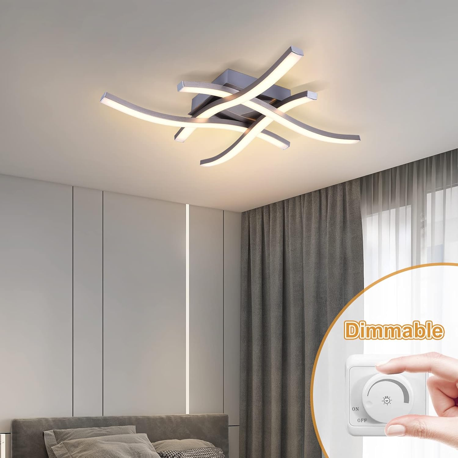 EDISLIVE Modern Dimmable LED Ceiling Light Curved 4-Light 18 in Minimalist Flush Mount Ceiling Light Fixture Lamp for Bedroom Foyer Kitchen 3000K 24W Nickel