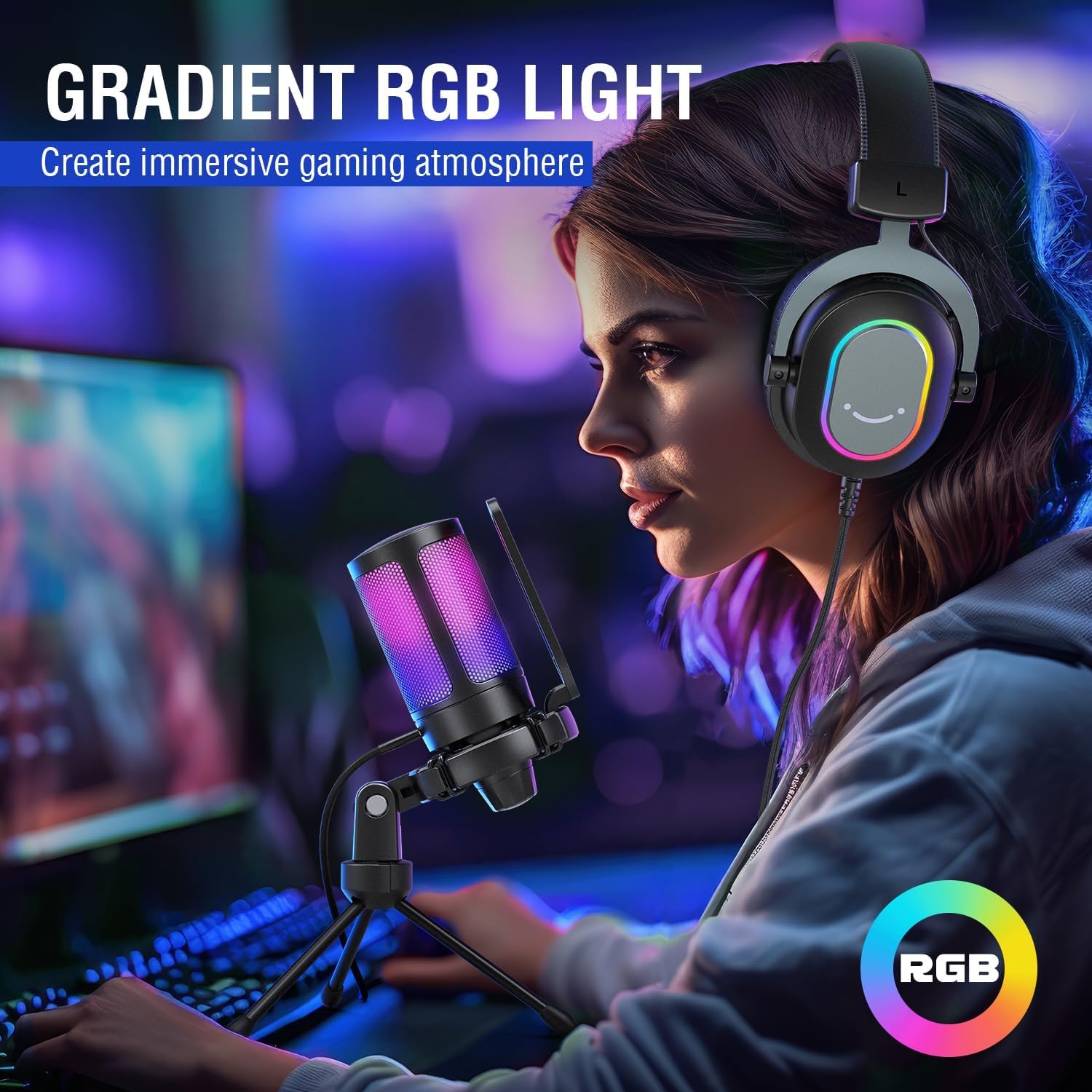 FIFINE Gaming USB Microphone with Headset Bundle for PS5, PC Condenser Mic with Quick Mute, RGB, Gain Control for Streaming, Wired Headphones with Microphone Set with EQ Mode, Soft Ear Pads (A6V+H6)