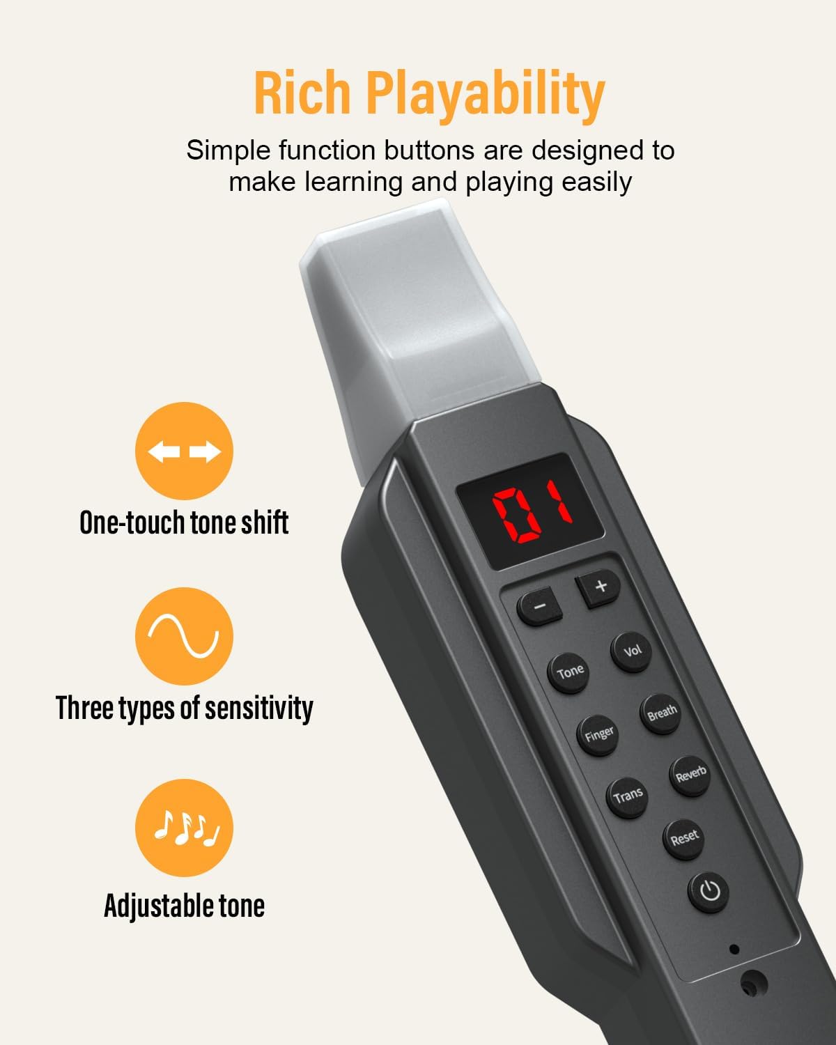 KONIX Electronic Wind Instrument, DC02 Pro Digital Wind Instrument with 10 Musical Tones, MIDI Bluetooth, Built-in Battery, EWI Instrument for Beginners, Black