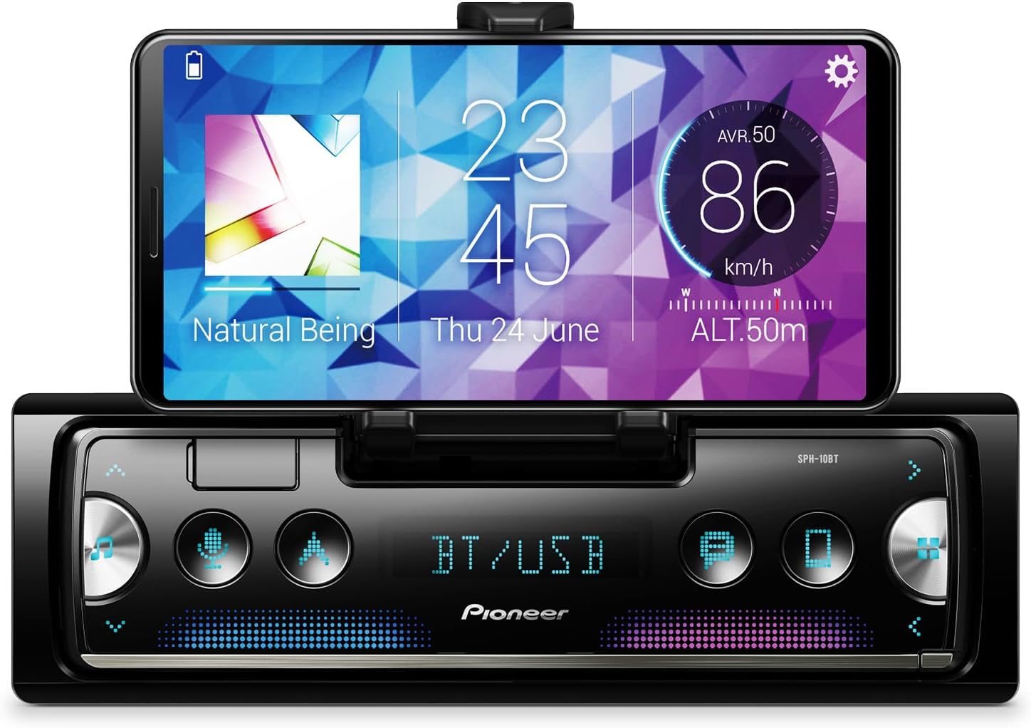 Pioneer SPH-10BT 1-Din Smart Sync Receiver – Bluetooth, Smartphone Mount, Color Change, USB, FLAC, Voice Control, 50W x 4 Output, 13-Band EQ, AM/FM Radio, Front, Rear/SW Selectable RCA Preout