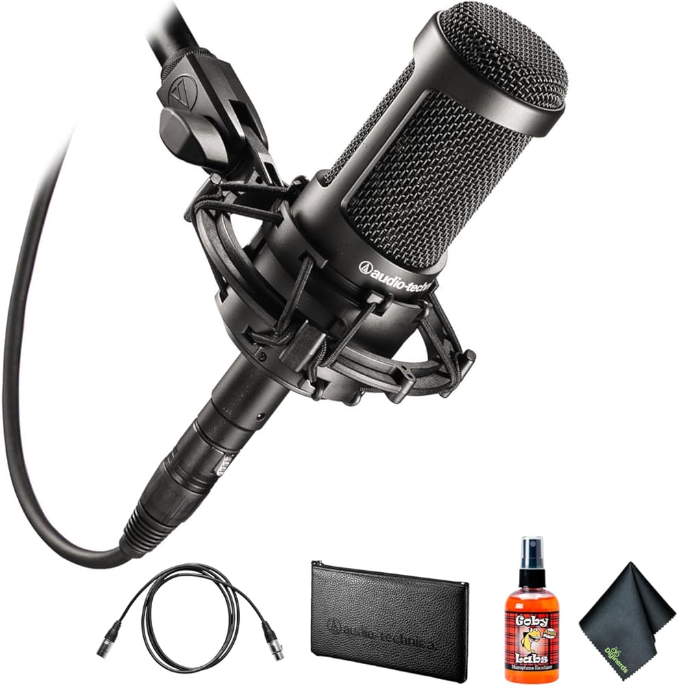 Audio-Technica AT2035 Cardioid Condenser Microphone, Black + Microfiber Cleaning Cloth + Goby Labs Microphone Cleaner + 10 Ft XLR Cable
