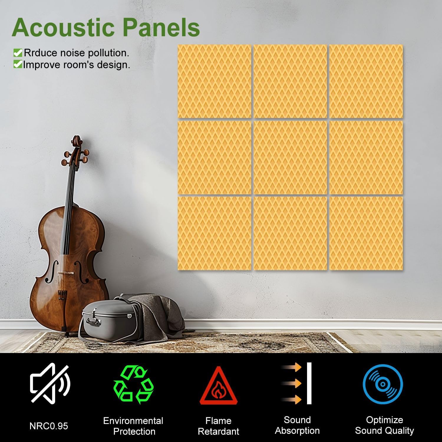 Art Acoustic Panels Self Adhesive Waffle ice cream cone texture sweet dessert wafer pattern space for 9 Packs Decorative Soundproof Wall Panels Large Sound Absorbing Panels for Home Office 60