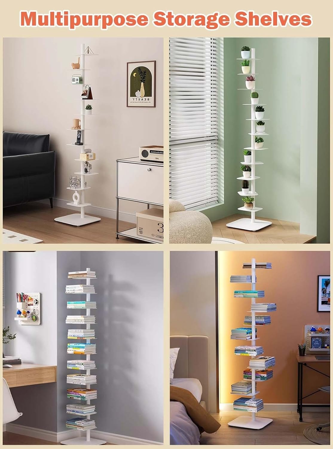 Space Saving Narrow Spine Bookshelf Tower, White Tall Open Bookcase, Ladder Bookshelf for Living Room, Invisible Floor Standing Book Organizers(11-Tier 192cm (75 5/8