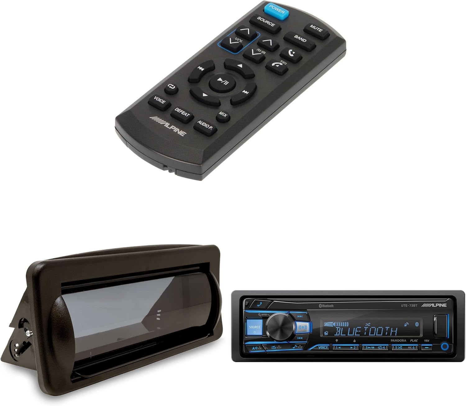 Alpine UTE-73BT Mech-Less Digital Media Receiver & Remote with Creative Audio CAMC1B Marine Single DIN Radio Mounting Kit with Retractable Cover (Black)
