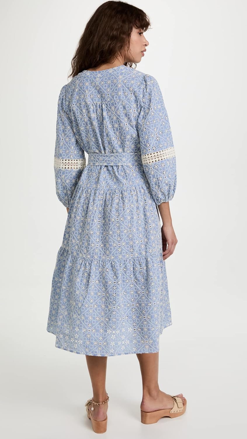 Shoshanna Womens Embroidered Chambray Umbrella Midi Dress