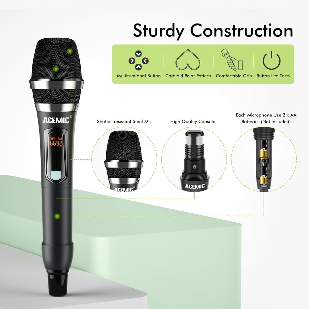 UHF Wireless Microphone System 4-Channel Cordless Mic with 4 Handheld Dynamic Microphones for Church, Speech, Weddings, Karaoke Machine, Q4