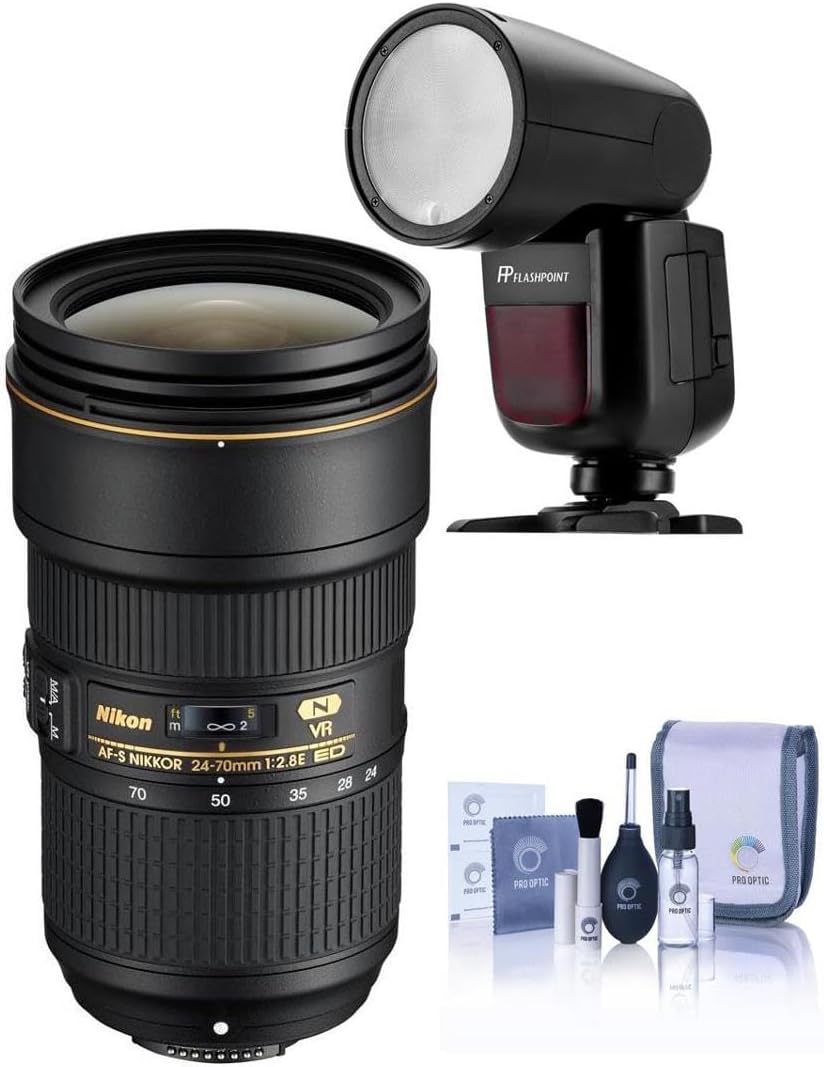 Nikon 24-70mm f/2.8E ED-IF AF-S VR NIKKOR Lens, Bundle with Flashpoint Zoom Li-on X R2 Flash Speedlight for Nikon, Cleaning Kit