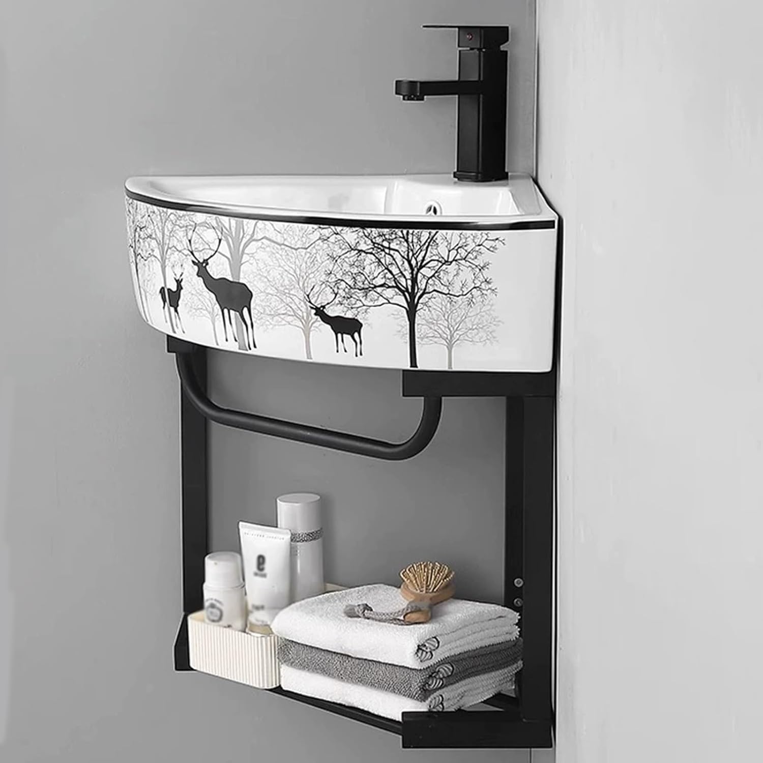 Corner Wall Mount Bathroom Sink, Bathroom Vanities with Towel Bar, Stainless Steel Bracket Ceramic Wash Basin, Vanity Sink for Home Kitchen Patio Laundry Room