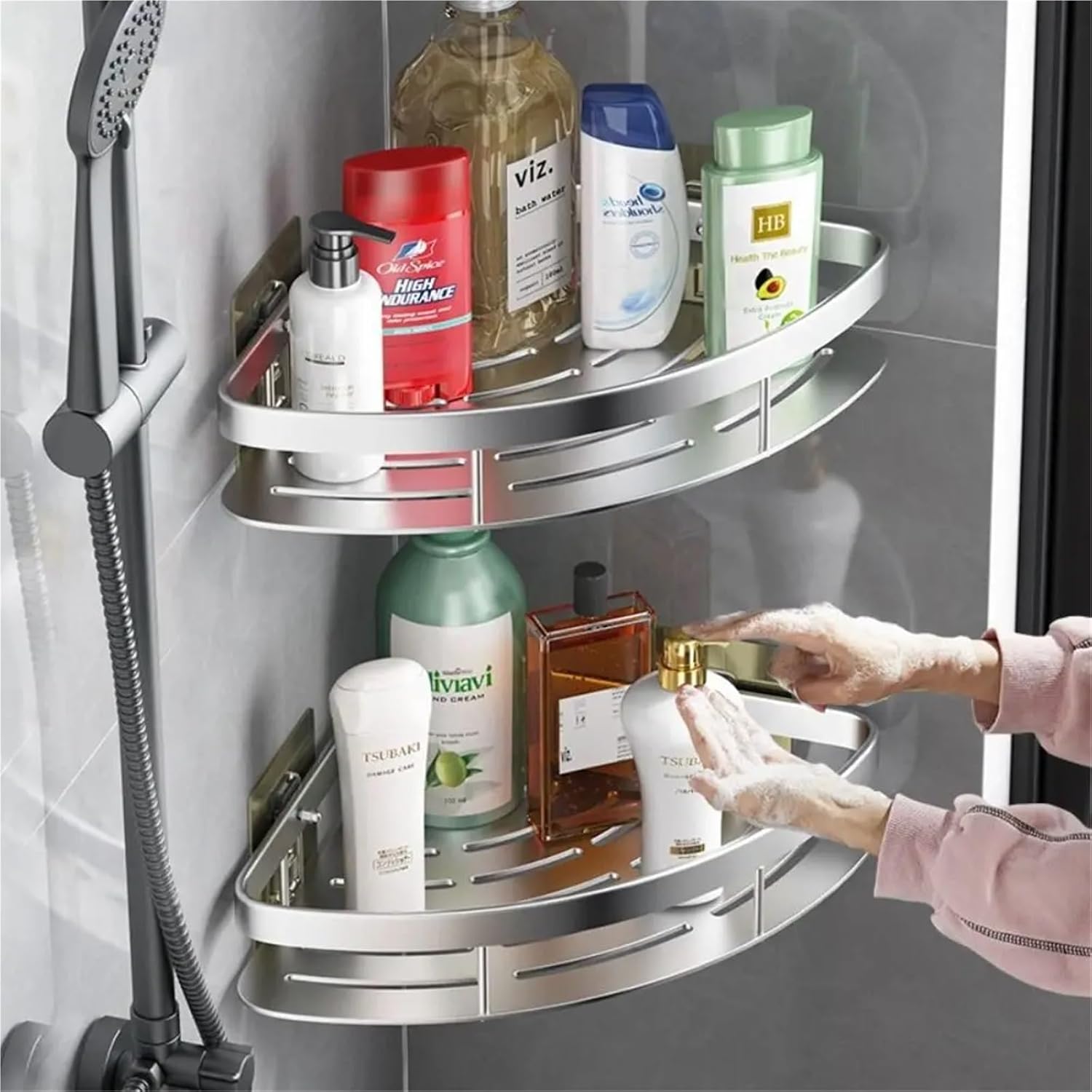 1Pcs Bathroom Shelves Corner Shower Shelf Aluminum Wall Mount Shampoo Storage Rack Holders No Drill Kitchen Bathroom Accessories(Silver)