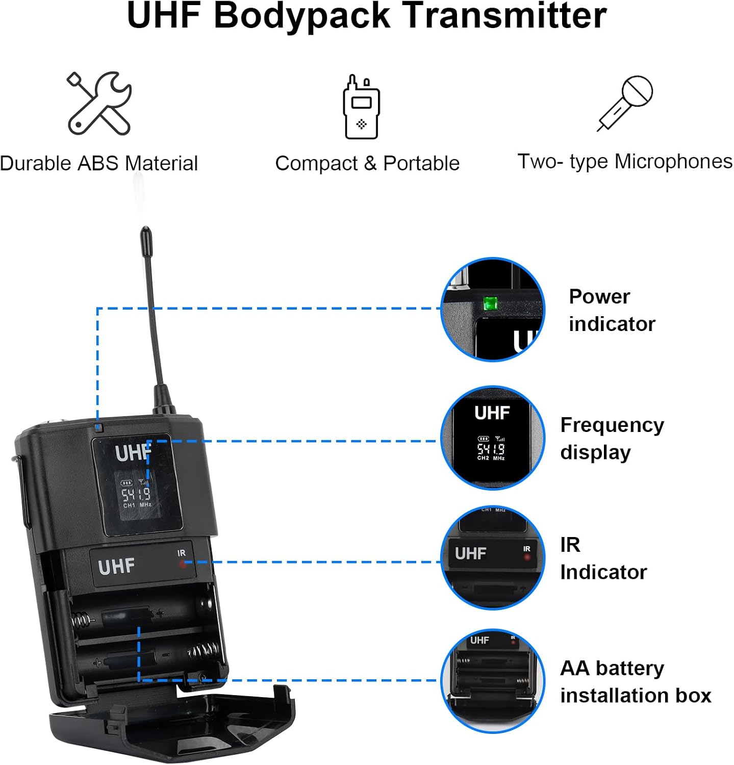 Dual Channel UHF Wireless Microphones System with Lavalier Lapel Mics, Bodypack Transmitter,250ft Range for Live Singing Karaoke Church Party DJ PA Speaker(2 Bodypack)