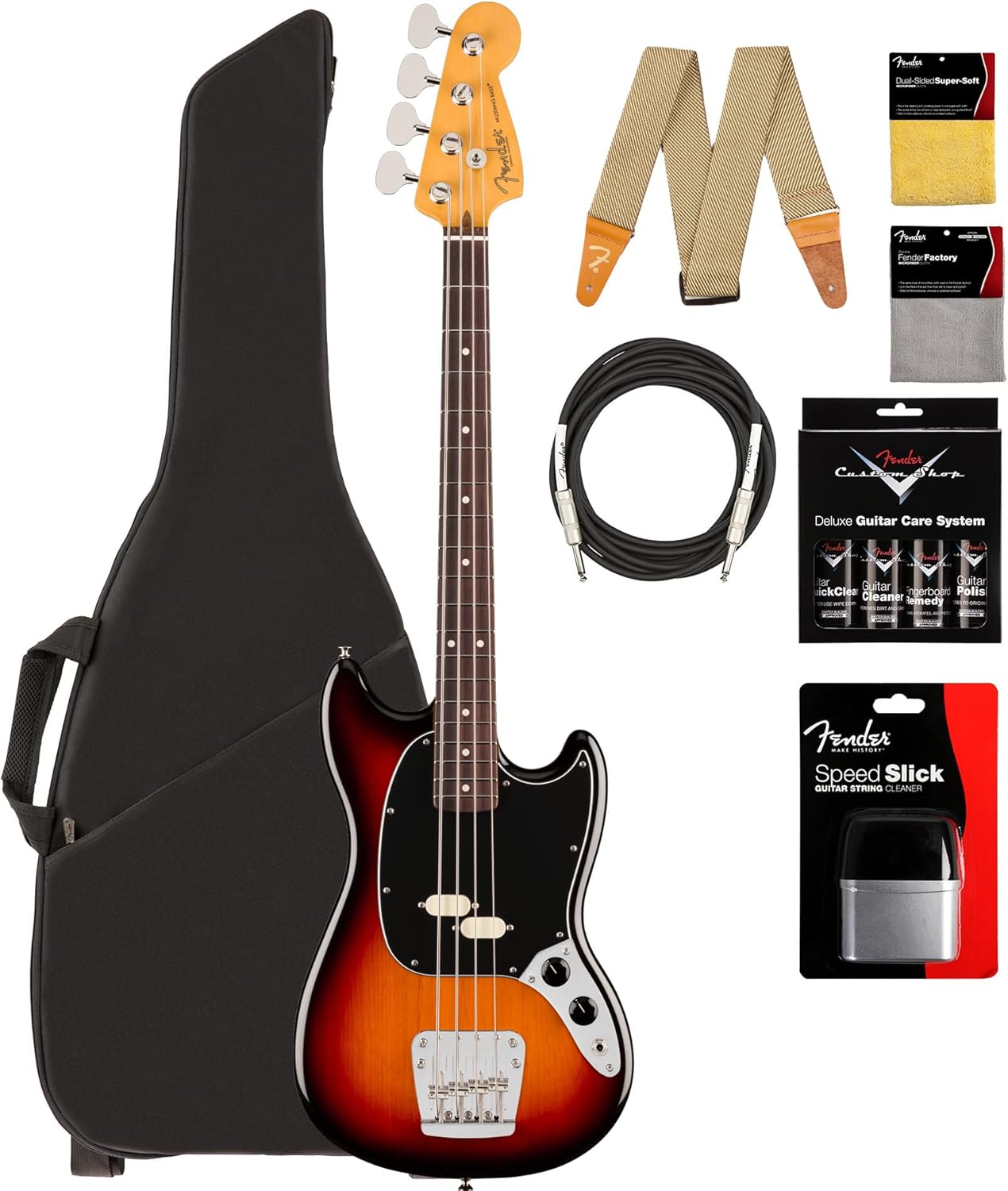 Fender American Professional Classic Mustang Bass - 3-Color Sunburst Bundle with Gig Bag, Strap, Cable, and Guitar Cleaning Kit