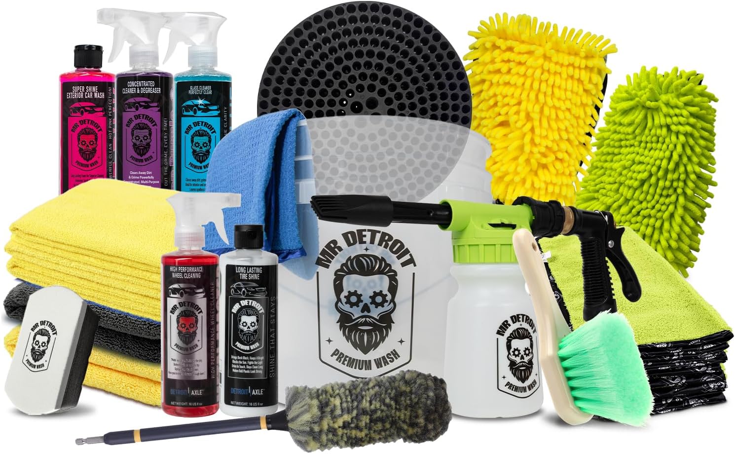 Mr. Detroit - 18pc Car Washing Kit with Foam Blaster, 3.5 Gal Bucket, Wash Mitts, Wheel and Glass Cleaner, 16oz Degreaser, Wheel Brushes, Car Wash Soap, Tire Shine, Applicator Pad, Towels