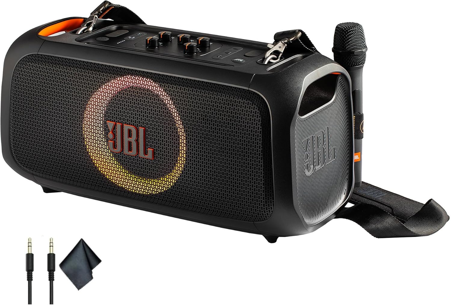 JBL Party On-The-Go Bluetooth Speaker with Mic | 100W Pro Sound, Dynamic Light Show, IPX4 Splashproof, 6-Hour Battery Wireless Karaoke Machine for Outdoor Events Bundle