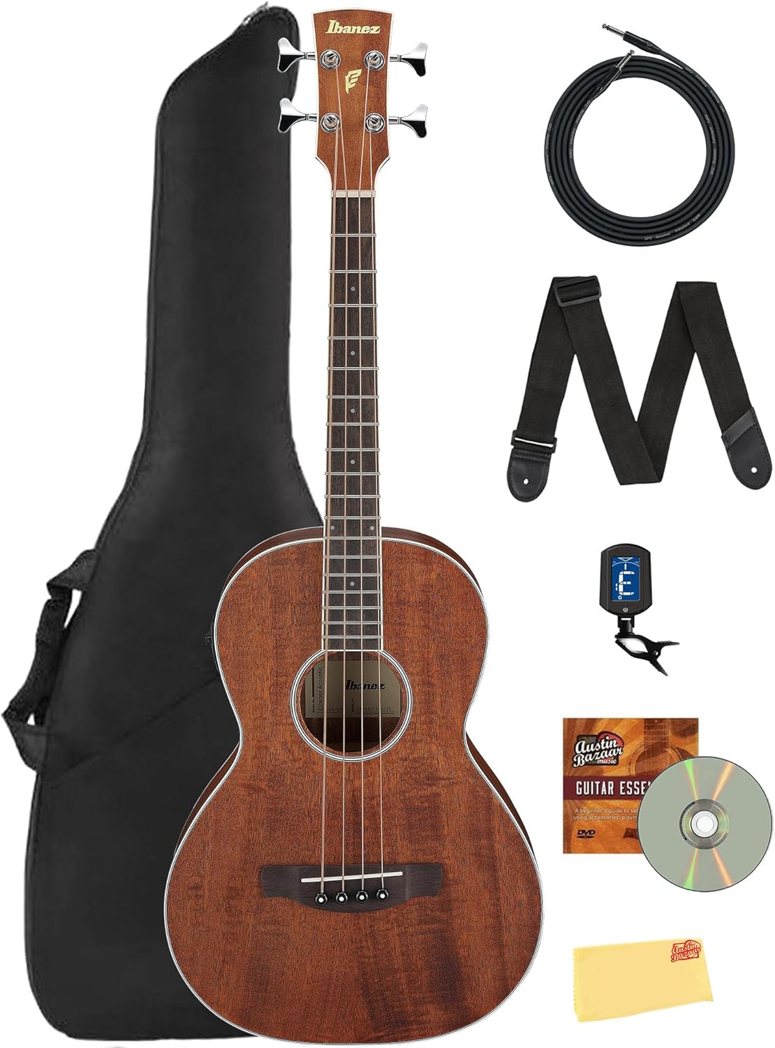 Ibanez PNB14E Acoustic-Electric Bass Guitar - Open Pore Natural Bundle with Gig Bag, Tuner, Strap, Instrument Cable, Austin Bazaar Instructional DVD, and Polishing Cloth