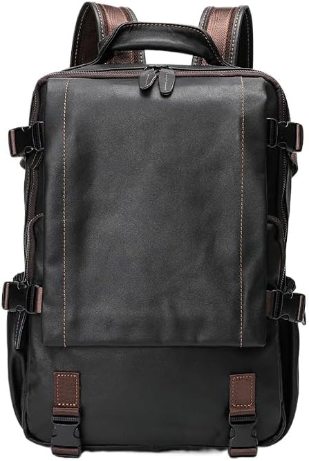 Genuine Leather Backpack Vintage Water Resistant Sling Bag Travel Business Multi Buckles Coffee Laptop Gift Box (Black)