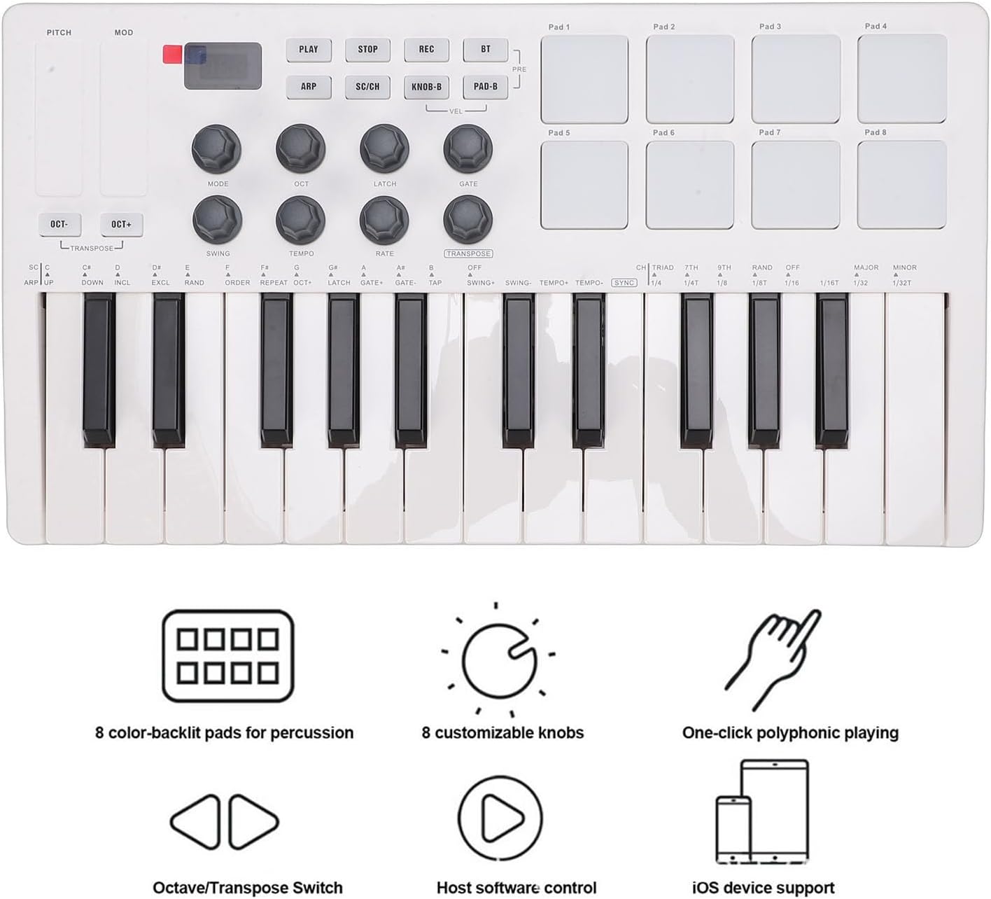 Asixxsix MIDI Keyboard Controller 25 Keys, Wireless Bluetooth Mini Portable Beat Maker Machine with 8 Backlit Drum Pads 8 Knobs 2 Capacitive Touch Strips for Music Production