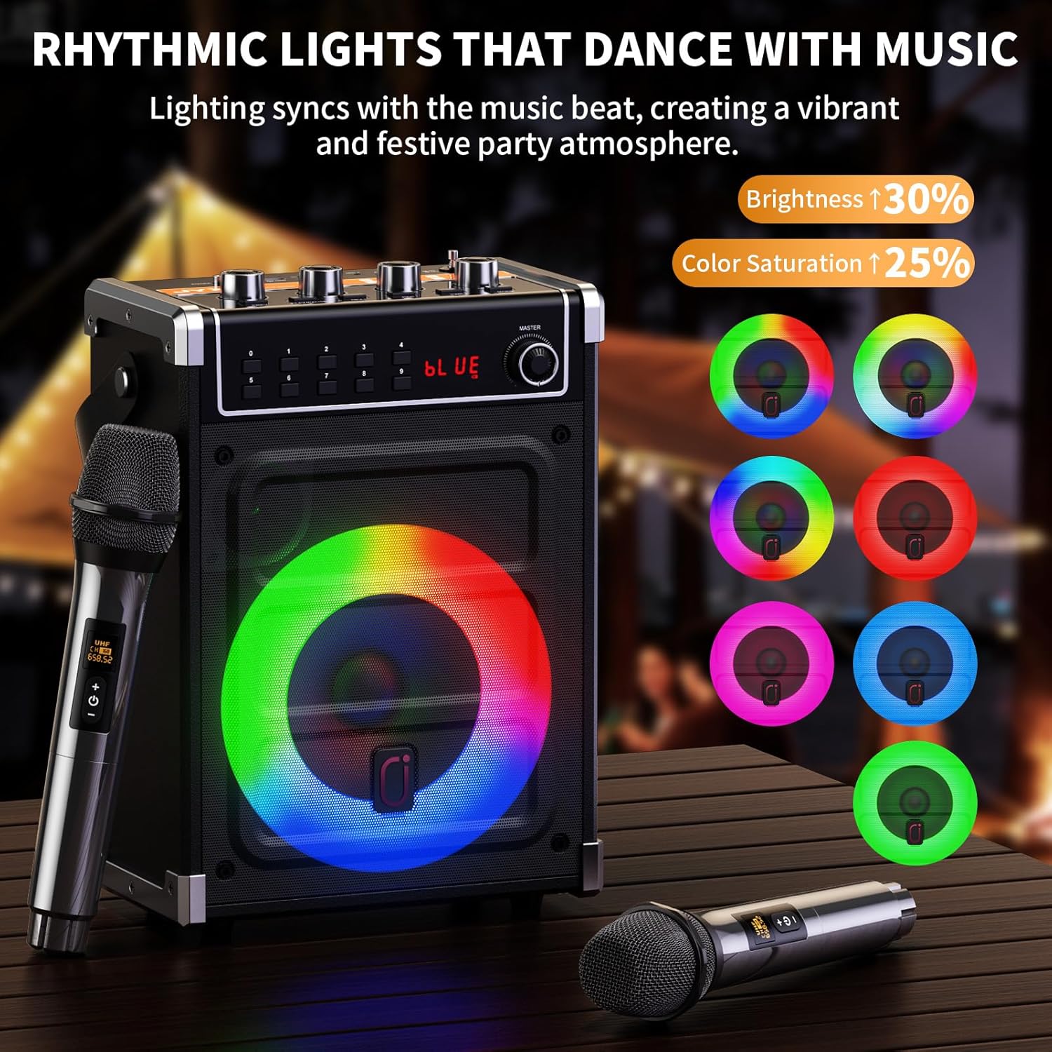 JYX Karaoke Machine with 2 Wireless Microphones, Portable Bass/Treble Bluetooth Speaker with LED Light, Support TWS, AUX in, FM, REC PA System with Remote Control, Supply for Party/Adults/Kids
