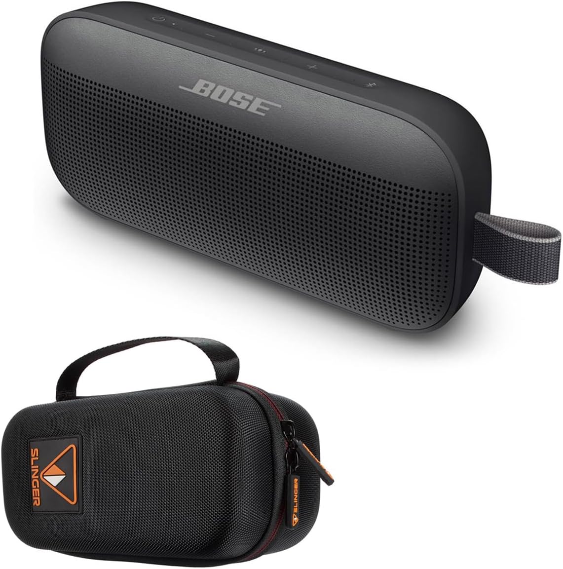 Bose SoundLink Flex Bluetooth Speaker, Portable with Microphone, Wireless Waterproof Speaker for Travel, Outdoor and Pool Use with Slinger Hard Travel Case & USB Plug (Black)