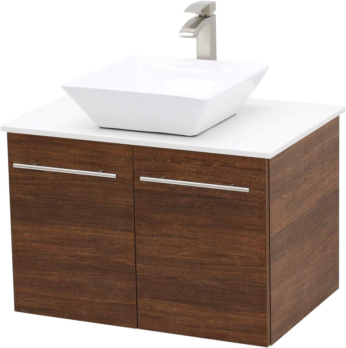Wall Mount Floating Bathroom Vanity Sink Set. Rustic Brown Vanity, White Flat Stone Countertop Ceramic Sink - 36