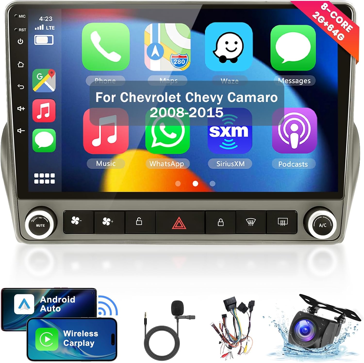 Car Stereo for Chevrolet Chevy Camaro 2008–2015, 9″ Touchscreen Android Car Radio, Wireless CarPlay & Android Auto, Bluetooth GPS Navigation, DSP EQ, Backup Camera Support Upgrade for Camaro Radio
