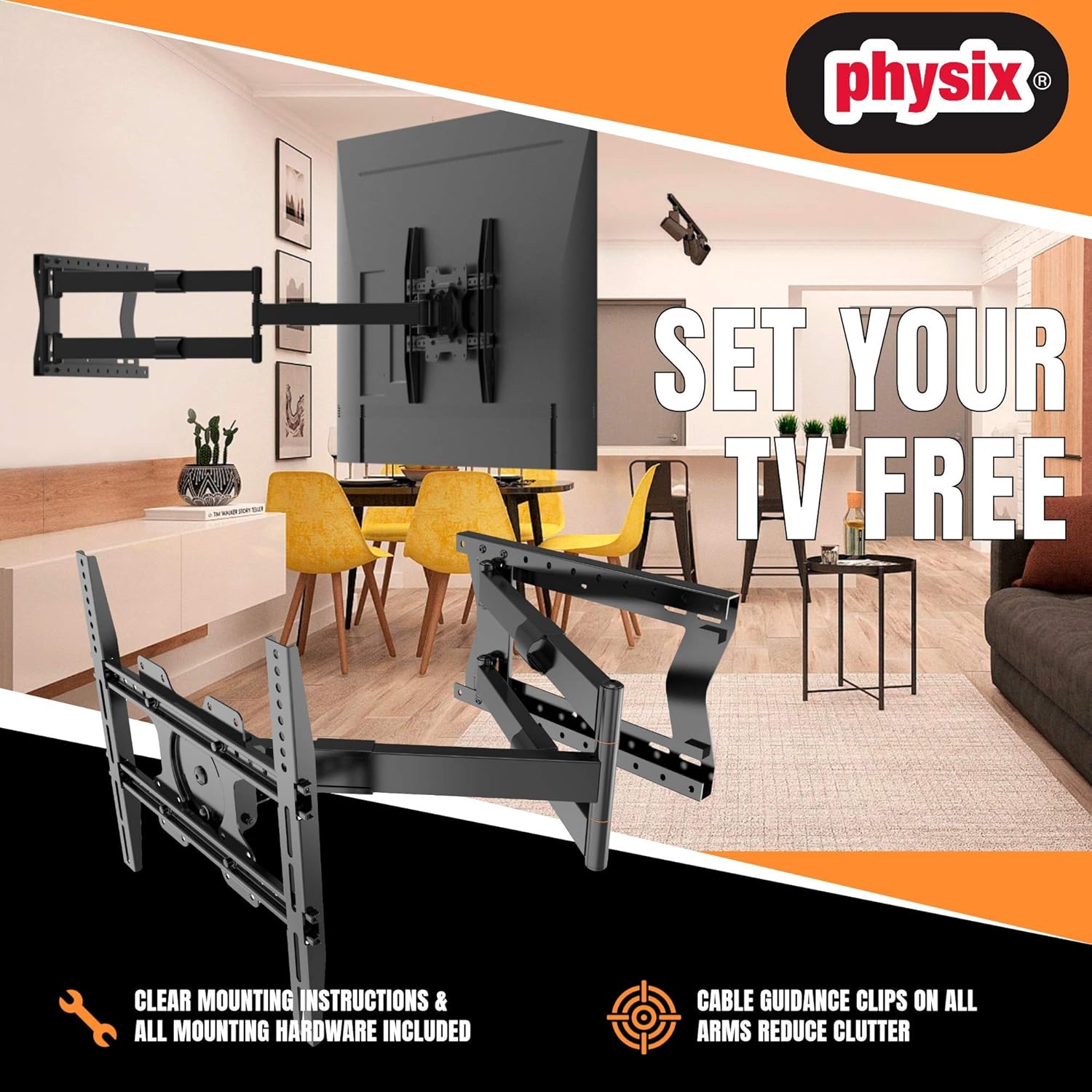Physix 2100 Long arm TV Wall Mount for 32-75 Inch Screens Extra Long Extension up to 40 Inch Heavy-Duty TV Mount Holds up to 88 lbs Full-Motion, Swivels up to 180° Max. VESA 600x400, Black