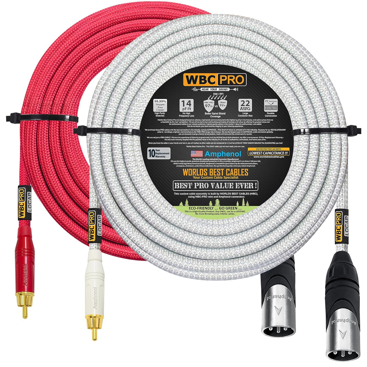 35 Foot RCA to XLR (Male) Cable Pair - WBC-PRO-LOCAP Low-Capacitance (14pF/ft) 22 AWG Ultra-Silent Audiophile & Pro-Grade Audio Interconnect Cable - Amphenol Plugs & Red & Silver Tweed Jackets