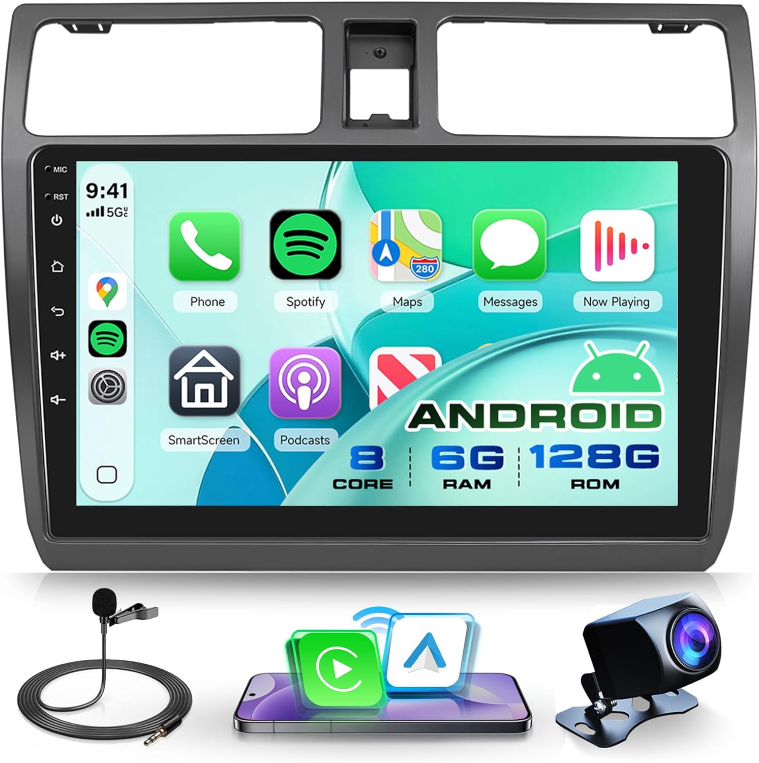 Rimoody 8 Core 6G+128G Android 15 Car Stereo Radio for Suzuki Swift 2005-2010 Wireless Carplay Android Auto GPS Navigation 5G-WiFi, 10.1 inch Touchscreen Bluetooth 5.0 EQ Mirror Link Backup Camera