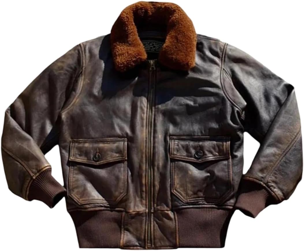 Men Vintage Genuine Natural Cowhide Wool Collar Flight Dark Brown Winter Leather Jacket Coat