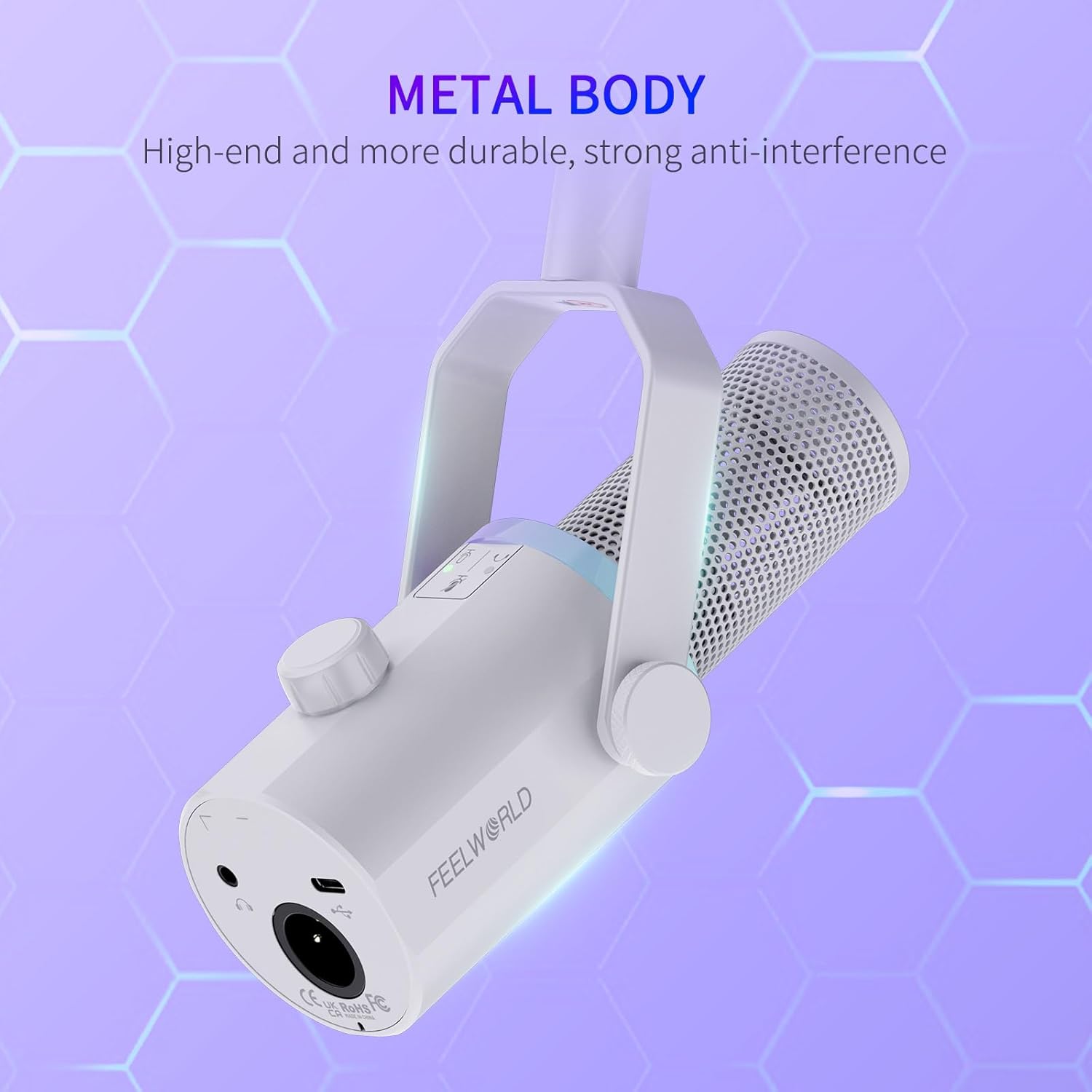 FEELWORLD PM1 XLR USB Dynamic Microphone with Boom Arm Gifts for Podcast Recording PC Computer Gaming Live Streaming Vocal Voice-Over, Studio Metal Mic, RGB Light, Mute Button, Headphones Jack (White)