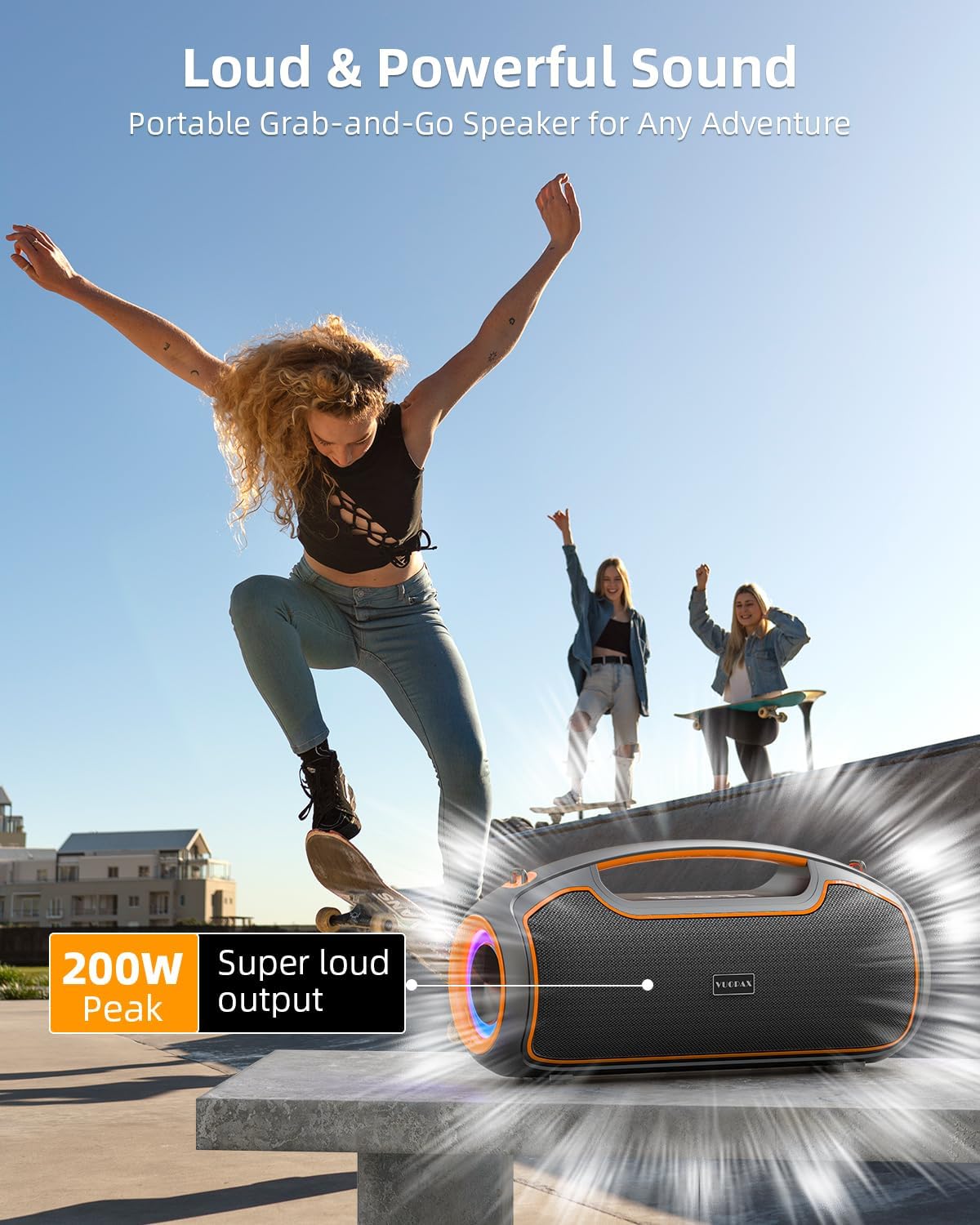 Portable Bluetooth Speakers Wireless Upgrade, 200W Peak Loud Sound/Deep Bass for Party, IP65 Waterproof Outdoor Speaker w/ 2*Subwoofer/2*Tweeter/DSP/Bass Boost/TWS/TF/USB/AUX, 24H Playtime