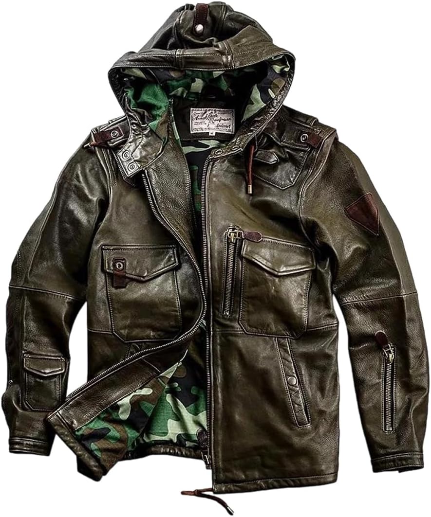 Men Retro Genuine Natural Thick Sheepskin Warm Multi-Pocket Long Leather Jacket Coat