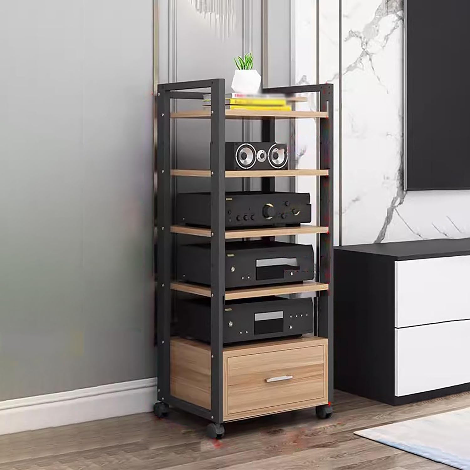 Av Media Stand Corner Shelf - Rack Audio Tower with Adjustable Shelves - 79 100 120Cm Tall Shelf Stand with Wheels - Audio Equipment Rolling Cart Rack Portable for Home,5Tiers-120cm Tall