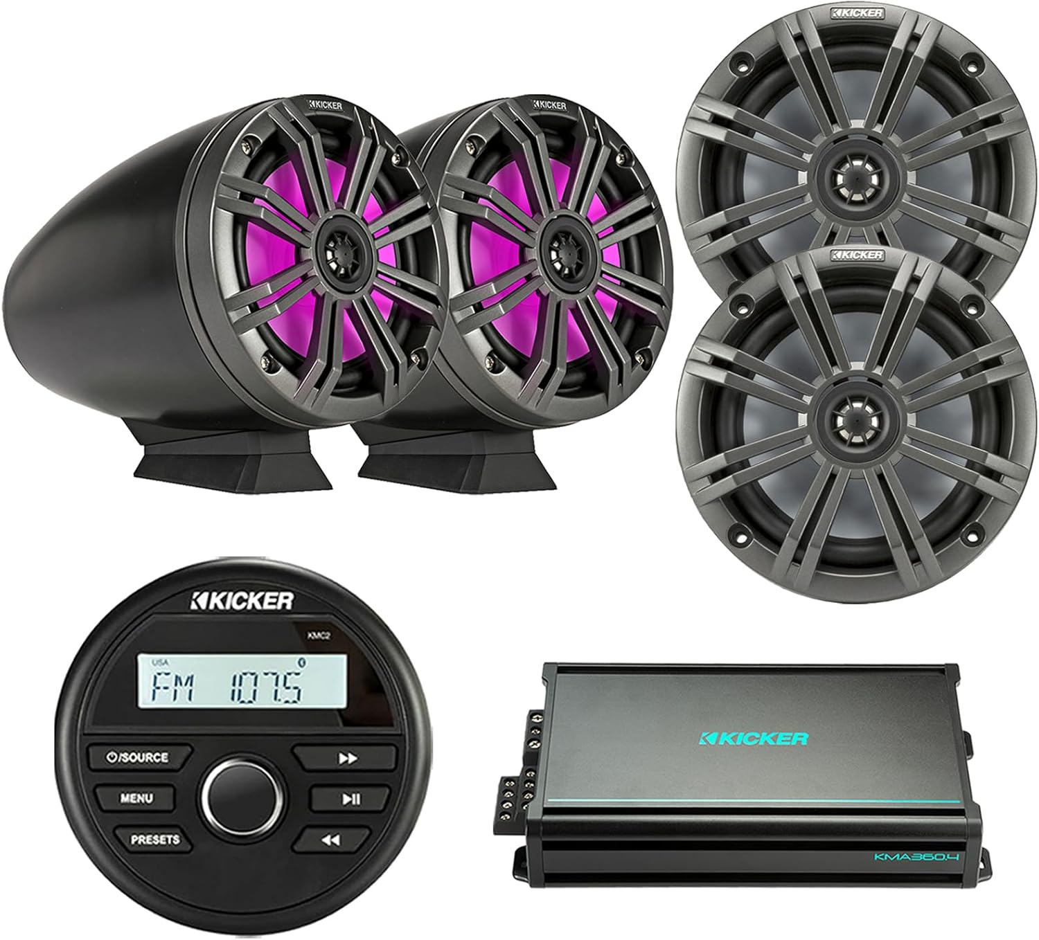 Kicker All-Weather Gauge Style Bluetooth Media Center Receiver, 2X 6.5 195W Max Black Marine Multicolor LED Loaded Tower Speakers, 2X 6.5 OEM Replacement Charcoal Boat Speakers, 4-Channel Amplifier