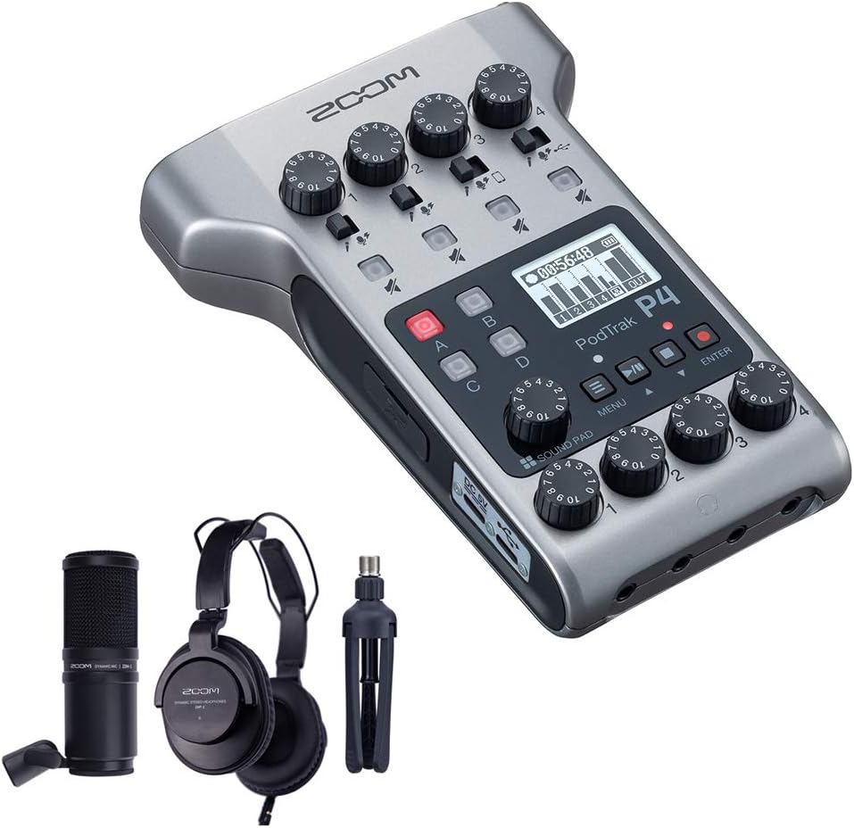 Zoom PodTrak P4 Portable Multitrack Podcast Recorder Bundle with Zoom ZDM-1 Podcast Pack