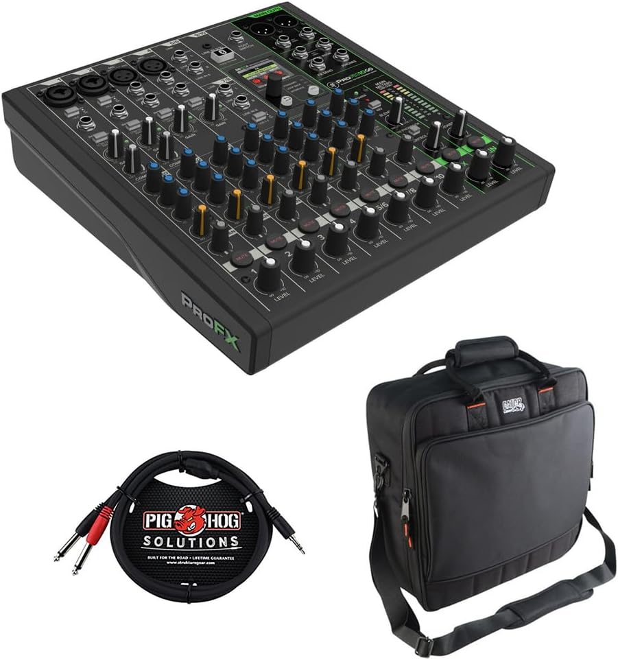 Mackie ProFX10 GO Battery-Powered 10-Channel Analog Audio Mixer Bundle with Gator Cases G-MIXERBAG-1515 Padded Nylon Mixer/Equipment Bag and 10' 3.5mm TRS to Dual 1/4