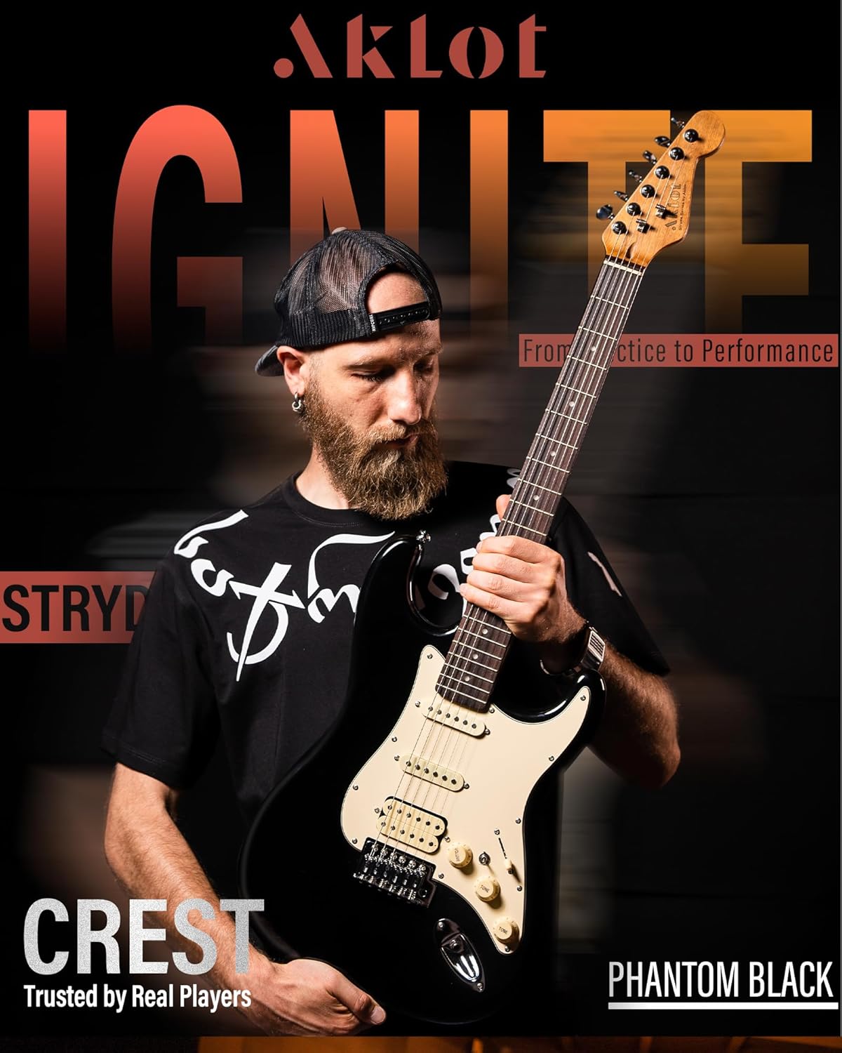 AKLOT Beginner Electric Guitar Kit: 10W Amp, Coil-Split HSS Pickups, Roasted Maple Neck, Gig Bag, Lesson Book, Tuner, Strap, Picks, Stryde Phantom Black