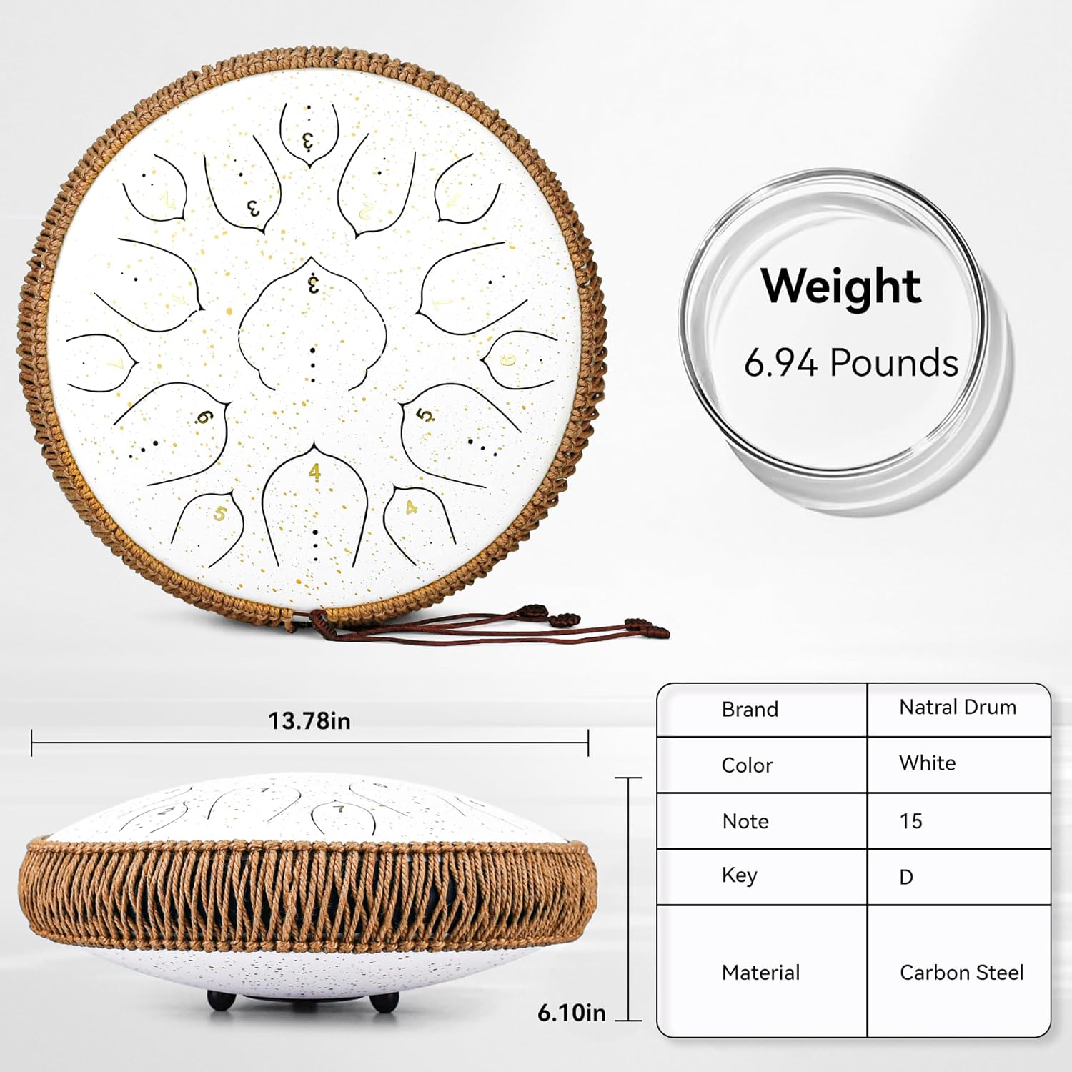 Steel Tongue Drum - 14 Inch Tongue Drum Instrument - 15 Notes Hand Pan Drums with Music Book, Handpan Drums Instrument Mallets and Carry Bag, D Major White