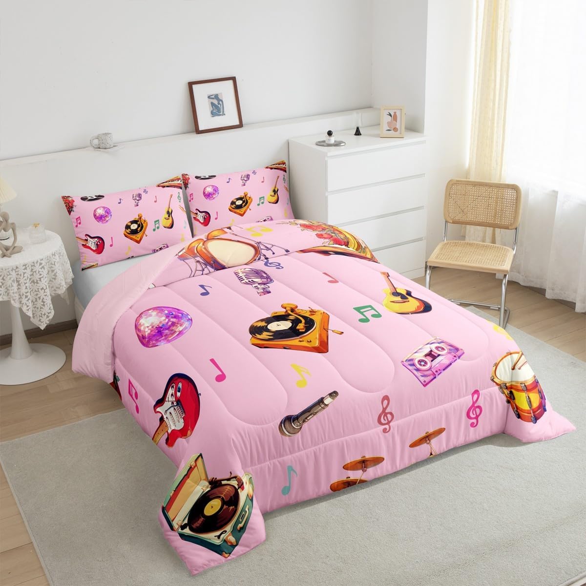Colorful Music Notes Kids Comforter Set King Size,Guitar Bass Musical Instrument Theme Reversible Quilted Duvet with 2 Pillowcases Disco Style Phonograph Piano Pink Comforter for Boys Teens Bedroom