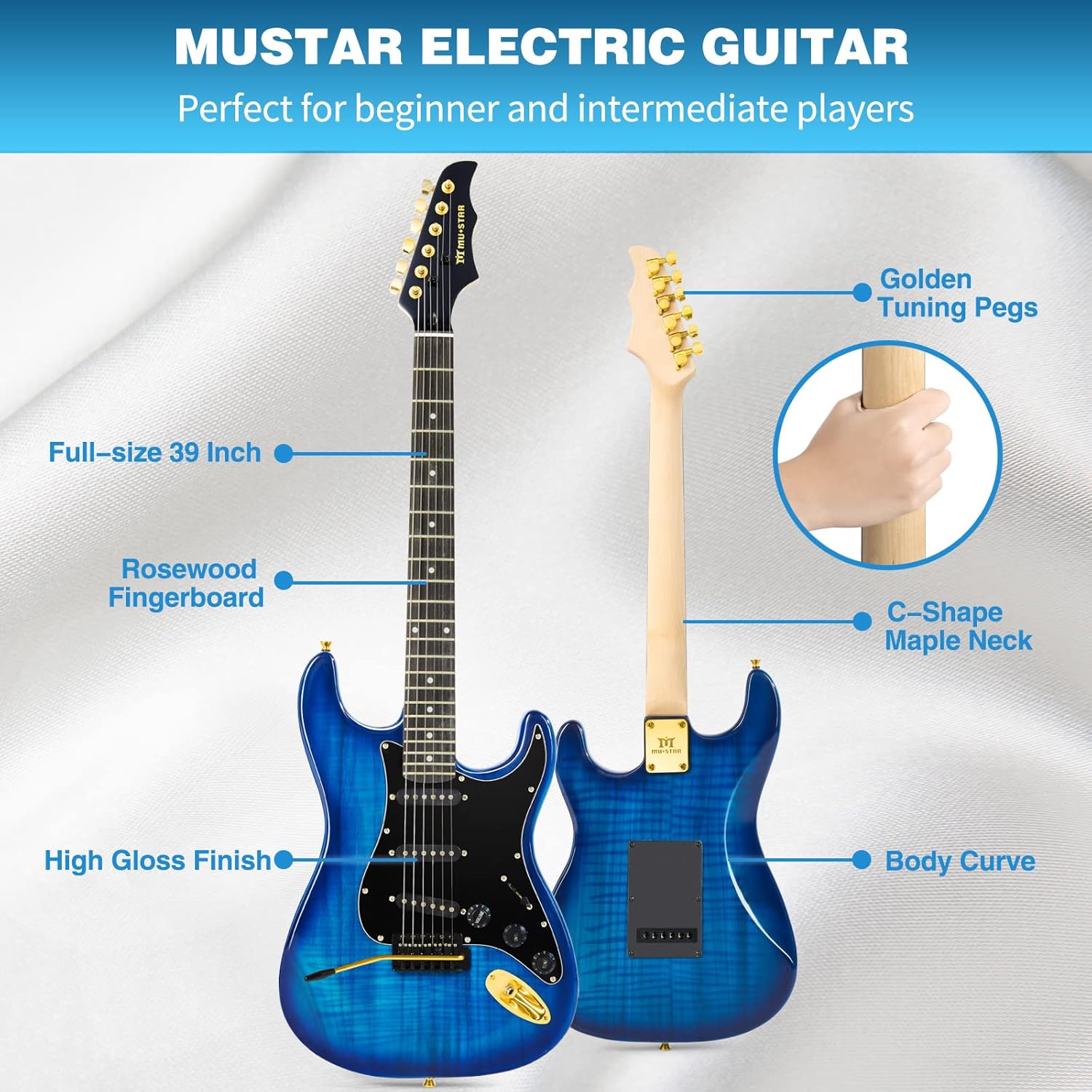 MUSTAR Electric Guitar Kit with 25W Amplifier, 39 Inch Full Size Solid Wood Electric Guitar Beginner Kits, Gig Bag, Capo, Strap, Cable, Picks, Birthday Holiday Gifts (BLUE)