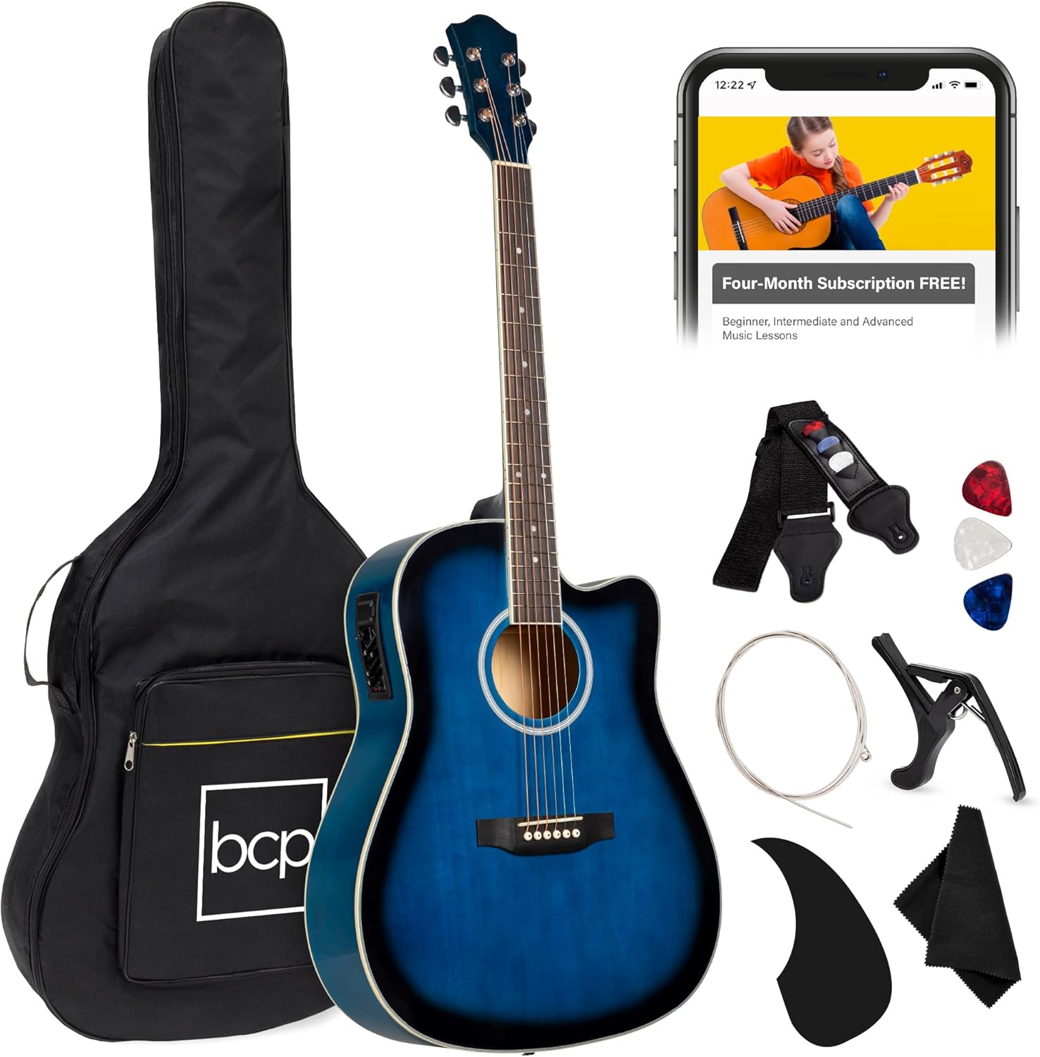 Best Choice Products Beginner Acoustic Electric Guitar Starter Set 41in w/All Wood Cutaway Design, Carrying Case, Strap, Picks, Cable - Blue