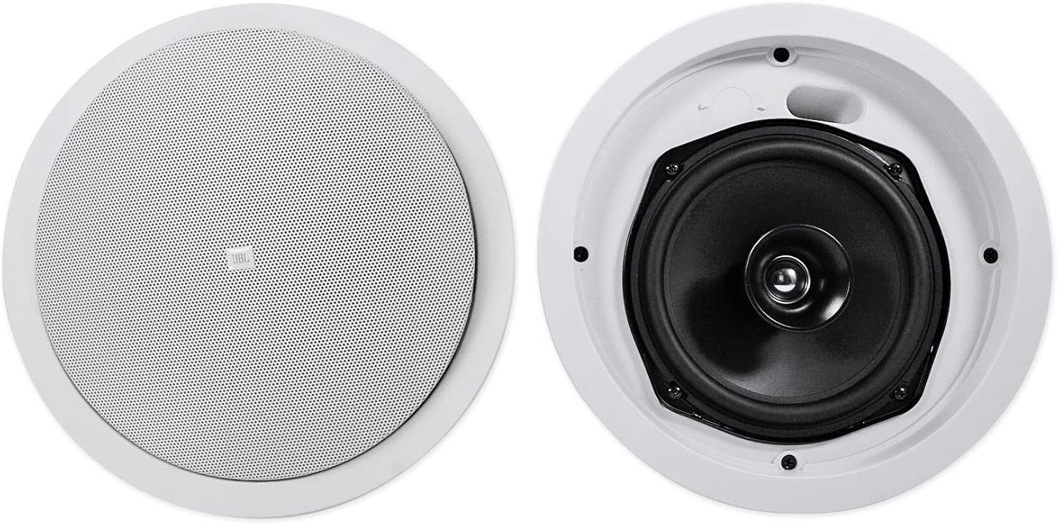 JBL Professional Control 26C 2-Way, 6.5” Round In-Ceiling Speaker with Metal Back-Can. 16 Ohm, 150 Watt. Sold as Pair. White, Paintable Grille.