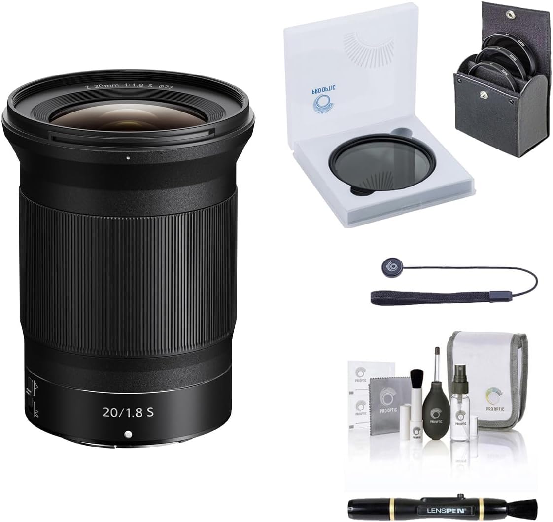 Nikon NIKKOR Z 20mm f/1.8 S Lens, Bundle with ProOptic 77mm Filter Kit, Soft Lens Case, Lens Cleaner, Cleaning Kit, Universal Lens Cap Tether