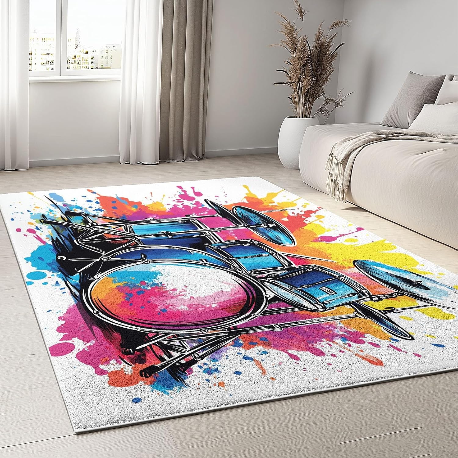 Music Drum Set Area Rug for Living Room, 8 X 10 Ft Machine Washable Area Rug Non-Slip Stain Resistant Carpet, Low-Pile Indoor Floor Carpet for Bedroom Office Dining Home Decor, Graffiti
