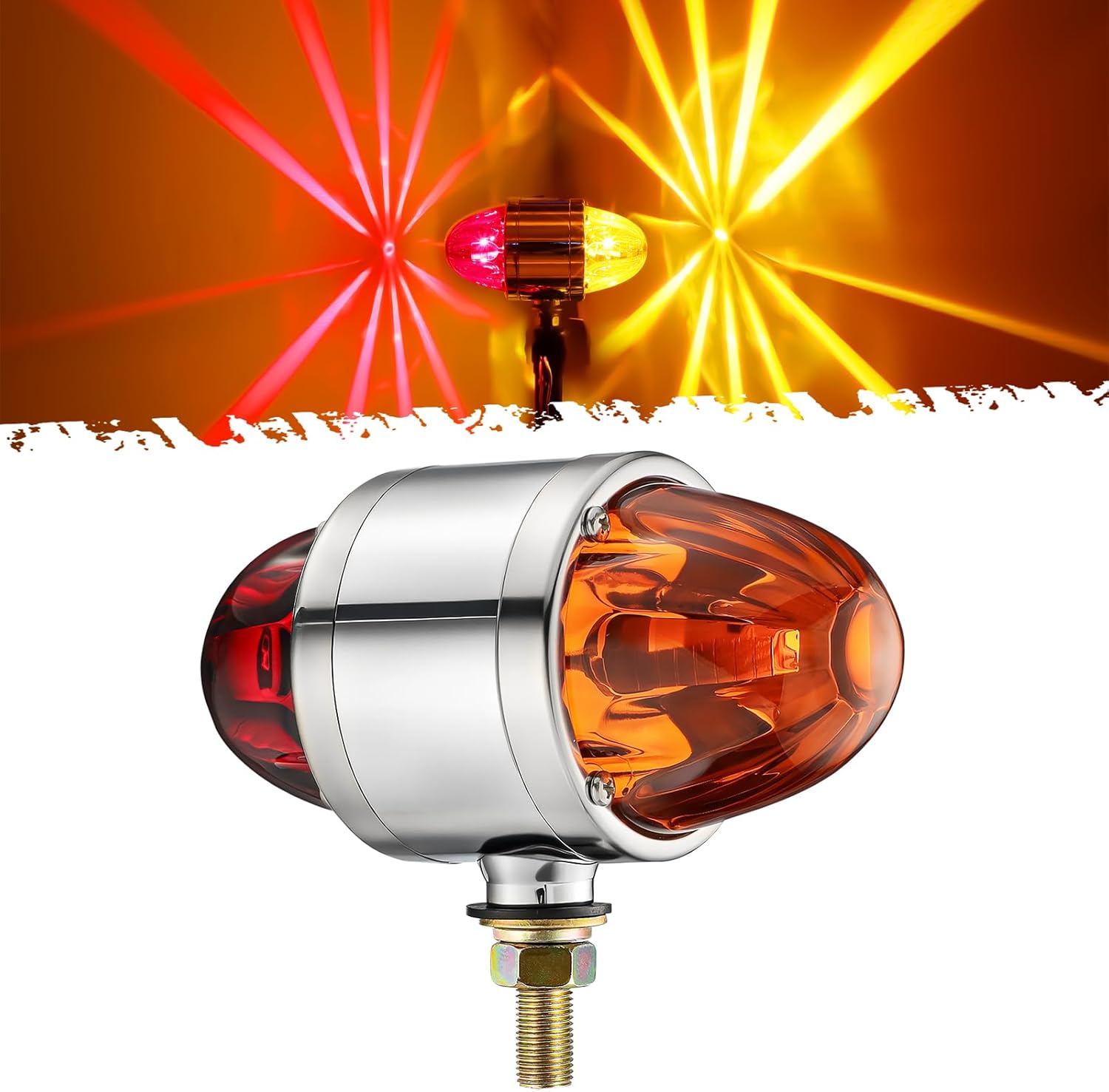 Partsam 1x Glass Watermelon Light Dual Revolution Double-Face Amber Red LED Turn Signal Marker Light, Zinc Alloy Housing Amber Red Lens Post Mount for Peterbilt Freightliner Semi Truck Trailer, 10-30V
